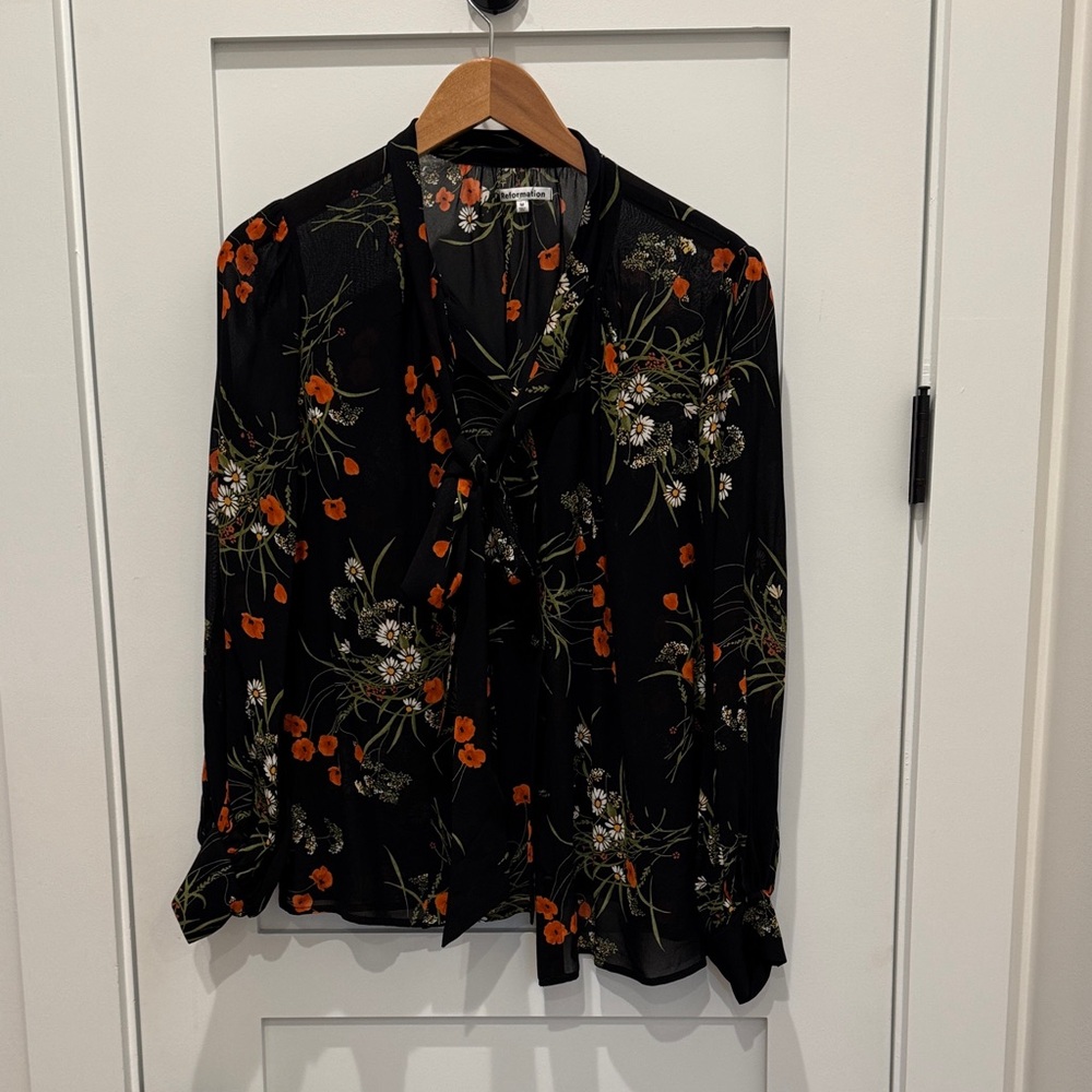 Reformation Black Top with Orange Floral Design